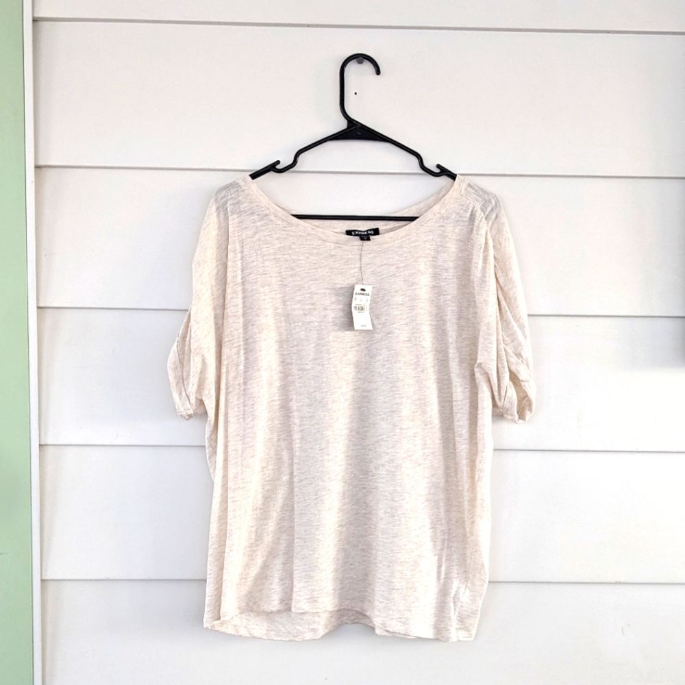 Express Cream (Oatmeal) Ruched, Short Sleeve Top, Size L
